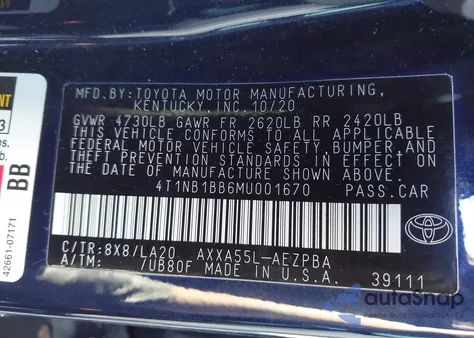 2021 Toyota Avalon Limited Awd из США, поврежденный, VIN 4T1NB1BB6MU001670